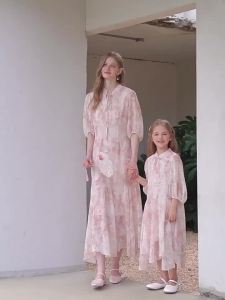 XIANGYING | Parent-Child Match Dresses Traditional Chinese Style Floral Print Pink