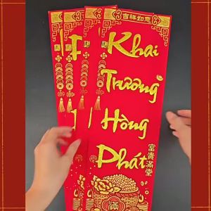 Liễn Nhung Khai Trương Hồng Phát Trang Trí Cửa Hàng 48x16cm [ Sẵn keo dán ]