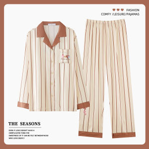 MiiOW | MiiOW Ice Silk Sleepwear Womens Long Sleeve Long Pants Home Clothes Set Summer Thin Outerwear Spring Autumn Casual Polyester Fiber