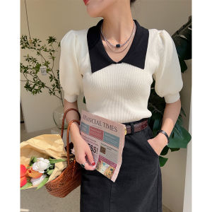 Womens Polo Neck Ice Silk Knitted Top Short Sleeve V-Neck Bubble Sleeve Short Length French Style Summer New Arrival T-Shirt
