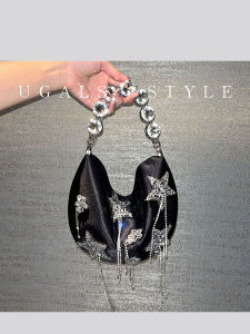UGALS French Noble Silk Satin Diamond Embellished Tassel Shiny Star Moon Handbag Evening Party Glittering Clutch Bag