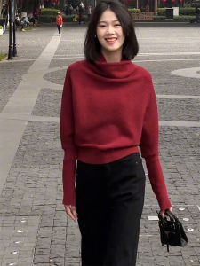Christmas Theme Thickened Half High Collar Sweater Womens Autumn Winter Inner Wear Lazy Style Knitted Top Base Layer Red