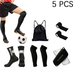 5 Piece Set Non-slip Football Socks Fitness Socks Comfortable Durable Outdoor Sports Bandage Ball Bag Socks Shin Pads