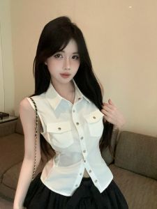 GUZILIAN | Slim Fit Polo Neck Sleeveless Shirt Womens Summer High Waist Inward Drawstring Top Unique Beautiful Blouse Vest College Style