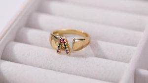 Rainbow Zircon Letter Rings For Women Fashion Chunky Wide Letter A-Z Stainless Steel Ring Wedding Boho Jewelry free shipping