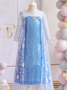Elsa Princess Dress Girls Skirt Summer Long Shine Sequins Childrens Dress High End Elsa Gown Fairy Tale Costume for Girls