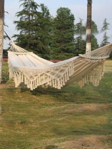 Double Canvas Hammock with Tassels Outdoor Camping Indoor Home Use Anti-tilt Design for Adults White Color Hanging Bed
