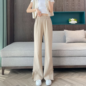 New Chinese Style High Waist Wide Leg Pants Asymmetrical Hem Ice Silk Linen Womens Spring Autumn Summer Thin Trousers