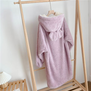Thickened Long Coral Fleece Sleepwear Womens Winter Home Clothes Soft Fufu Bear Coral Velvet Robe Warm Hat Home Clothes