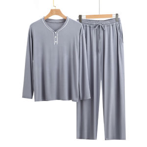 Mens Modal Ice Silk Thin Summer Long Sleeve Sleepwear Set Pure Cotton plus Size Mid-aged Home Clothes V-neck Casual Home Scene