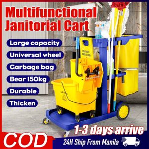 Housekeeping Cart Janitorial Cleaning Cart with Mop Squeezer Heavy Duty Janitorial Cart Bag Multifunction Thicken Utility Janitor Cart with wheels for Hotel Mall Factory School