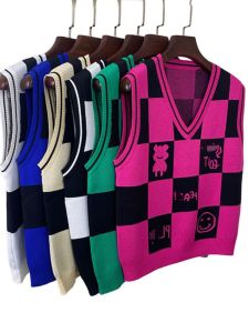 Loose Knitted Sweater Vest Womens Spring Autumn 2023 New Style Outerwear Plaid Pattern V-neck No-button Commute Style