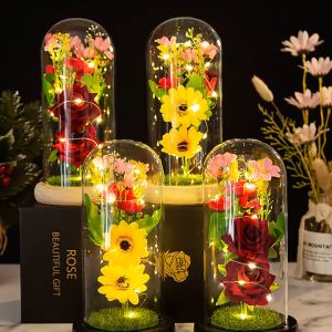 Hoa Hướng Dương kèm bó hoa lồng thủy tinh đèn led - quà tặng mẹ - tặng chị - tặng người yêu