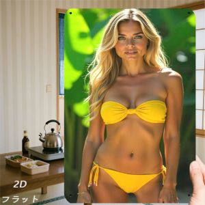 CIFbuy | 2D Metal Sign Retro Yellow Beach Fashion Metal Wall Art Woman in Bikini Decorative Print for Living Room Bedroom