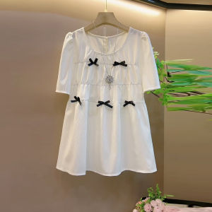 พลัสไซส์ ผู้หญิง ฤดูร้อน เสื้อยืดคอกลมแขนสั้นปมผีเสื้อ ลำลอง ผ้าฝ้าย Blend เสื้อท่อนบน ทันสมัย หลากหลาย Basic