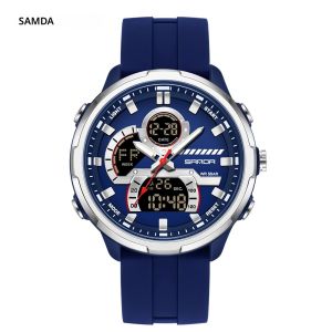 SANDA นาฬิกาอิเล็กทรอนิกส์ผู้ชายหน้าปัดจอแสดงผลคู่ 5ATM กันน้ําไฟกลางคืนนาฬิกาจับเวลามัลติฟังก์ชั่นกีฬานาฬิกาอิเล็กทรอนิกส์
