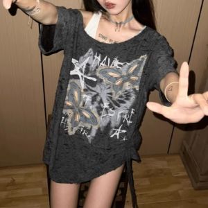 Machine Embroidery Butterfly Ripped Short Sleeve T-Shirt Womens Clothing Summer Waste Soil Style Stylish Pure Desire off-the-Shoulder Drawstring Top