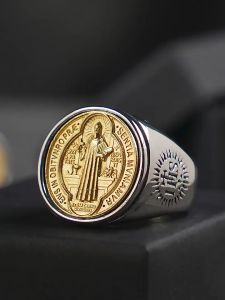 Ly eagle Ultra High Quality Non Fading Pure Titanium steel ST. Benedict medal Portrait Detail Ring CSPB at back Saint Benedict ring （Gift LED ring box）