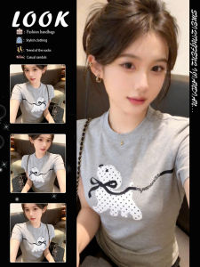 Dotted Dog Bowknot Print Short Sleeve T-Shirt Slim Fit Round Collar Versatile Top