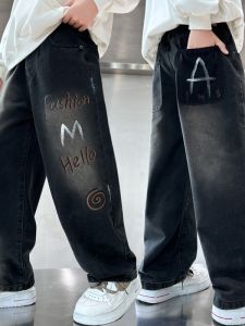 Boys Casual Loose Jeans Spring Autumn Fashionable Dad Pants Childrens Clothing Kids Trousers Medium Waist Elastic Belt