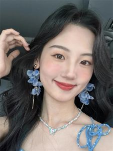 Elegant Long Blue Flower Tassel Earrings Face Slimming Unique Design Atmosphere Beautiful Ear Jewelry Fashion Accessories