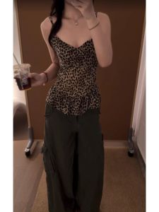 YUEZHONGWEI | Vintage V-Neck Leopard Print Ruffle Sleeveless Top