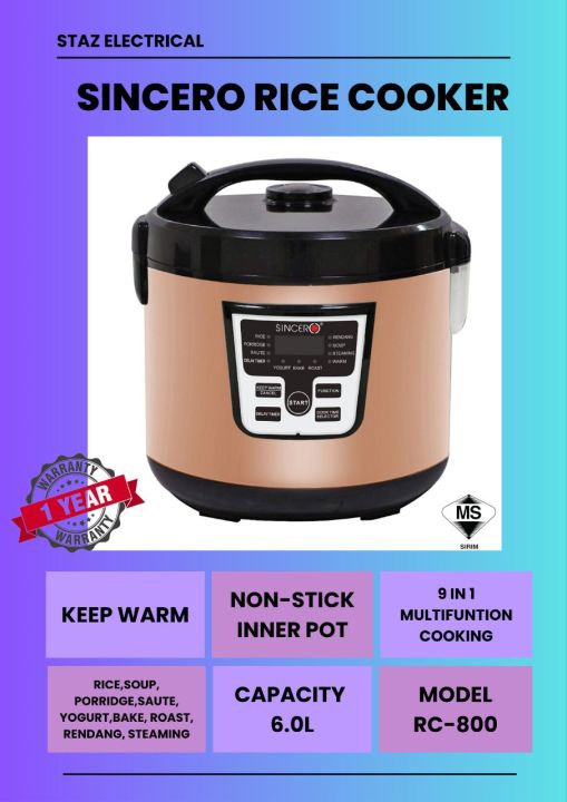 Sincero Rice Cooker Smart 6.0L (RC800) Lazada