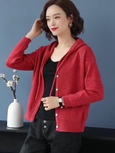 Coat Womens Spring and Autumn New Casual Button Hooded Knitted Cardigan