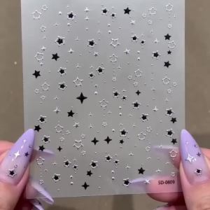 1Pcs Y2K Black Silver Star Nail Stickers 5D Embossed Pentagram Self-Adhesive Nails Decals for Dark Gothic Style Manicure Sliders