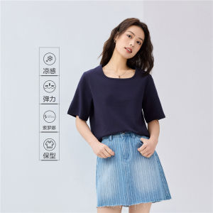 Giordano Womens Summer T-Shirt Square Collar Short Sleeve Cool Feeling Pure Color Simple Style Black Technology Cotton Blend