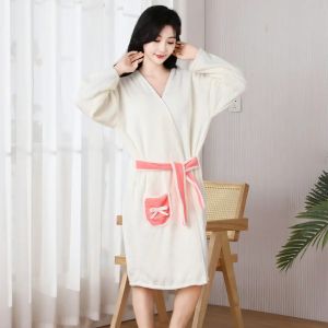 Long Sleeve Pure Cotton Bath Robe Home Leisure Sleepwear Womens Student Bath Towel Soft Absorbent Home Use Kimono Style