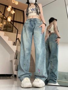 Quần Jeans Denim Rộng Cạp Cao Thêu Phong Cách Mỹ Cho Nữ Mùa Xuân Thu Quần Dài Ôm Dáng Cỡ Lớn