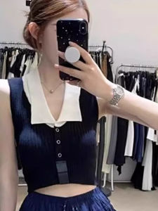 chaqi | Elegant Color Block Knitwear Womens Summer Slim Fit Sleeveless Top Shoulder Width Regular Fashionable Versatile Sweet Spicy Girl