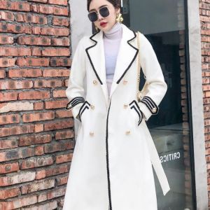 เสื้อโค้ตแบบกระดุมสองแถวหนาเข้ารูปสีดำสไตล์เฮปเบิร์นยาวปานกลางของผู้หญิงเสื้อโค้ทขนสัตว์เหนือเข่า Z555ผู้หญิงสีขาวสไตล์เฮปเบิร์นสำหรับฤดูใบไม้ร่วง/ฤดูหนาว