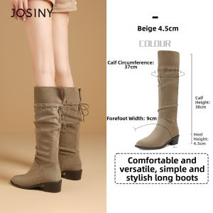 Josiny | Pointy Toe Long Boot Stacked Heel Short Height Friendly Vintage Style Boot