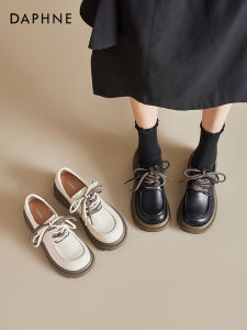 Daphne Thick Heel Loafers Womens Commuter Shoes Spring 2025 New Style Black Lace-Up College Style Synthetic Leather Upgraded Version