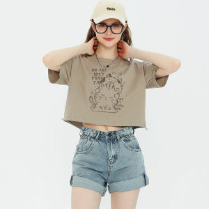 Café Short Sleeve Womens T-Shirt Shoulder Baring High Waist Crop Top Summer Trendy Streetwear Cotton 100% round Neck