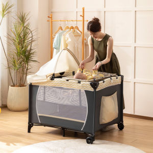 Baby Crib Portable Baby Cot 2 Level Portable Bed Playpen Travel Cot With Mosquito Net And Changing Table Stitching Large Bed Side