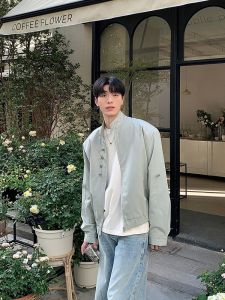 Loose Fit Zipper Jacket Mens Korean Style Pad Shoulder Stand Collar Spring Autumn New Fashion Outerwear Long Sleeve Pure Color