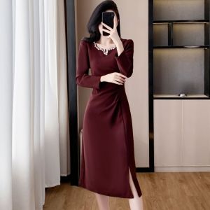 MAIMEI | Elegant Fashion Midi Dress Slimming Waist Design Gored Skirt Detail Ageless Splice High Waist Womens Dress Autumn New Arrivals