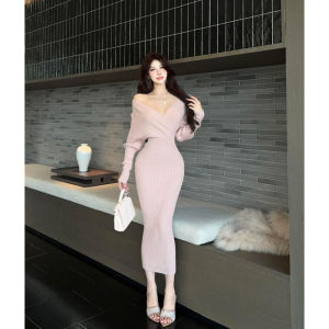 YUEZHONGWEI | Fitted Midi Dress V-Neck French Style Knitwear for Women