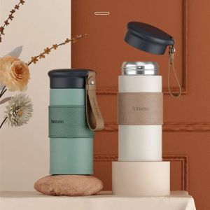 Portable Thermos Cup 304 Stainless Steel Coffee Cup Leather Textured Travel Office Water Bottle Drinkware Vacuum Flasks Gifts