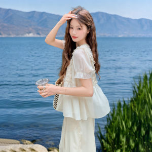 MANWUJINGLING | White Bubble Sleeve Top and Wide Leg Pants Set for Petite Women Summer Wear