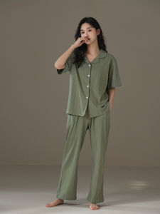 me home wear | Breathable Cotton Comfortable Thin Sleeve Long Pants Matcha Green Pajama Set