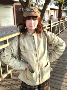 Retro Japanese Workwear Jacket Womens Autumn Print Zipper Open Cardigan Oversize Loose Casual Top Trendy Commute Style