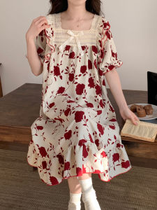 Summer Sleepwear Women Loose Fit Pure Cotton Short Sleeve Midi Dress Sweet Style Home Clothes Pregnant Women Can Wear Thin Thin