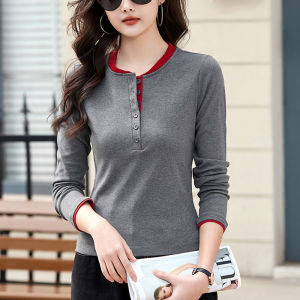 เสื้อยืดคอกลมแขนยาวผ้าฝ้ายแท้ทรงสลิมฟิตสำหรับผู้หญิง ฤดูใบไม้ผลิและฤดูใบไม้ร่วง เสื้อเชิ้ตสไตล์เกาหลีลำลอง ทรงเข้ารูป