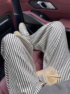 High Waist plus Size Womens Striped Casual Pants Thin Summer Loose Wide Leg Pants for Plump Women Casual Loose Fit Trousers
