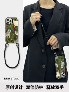 Retro Green Cat Duck Phone Case with Lanyard Handheld Crossbody Strap Compatible with  Xiaomi Huawei Mate60X100reno8magic6