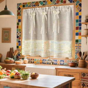 Elegant Beige Short Curtains with Lace Bow Window Drapes for Living Room Kitchen Door Cabinet Half Curtain Home Decor